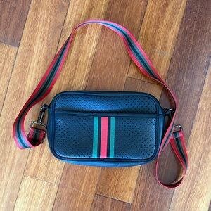 Stylish Black Crossbody Bag with Red and Green Stripes